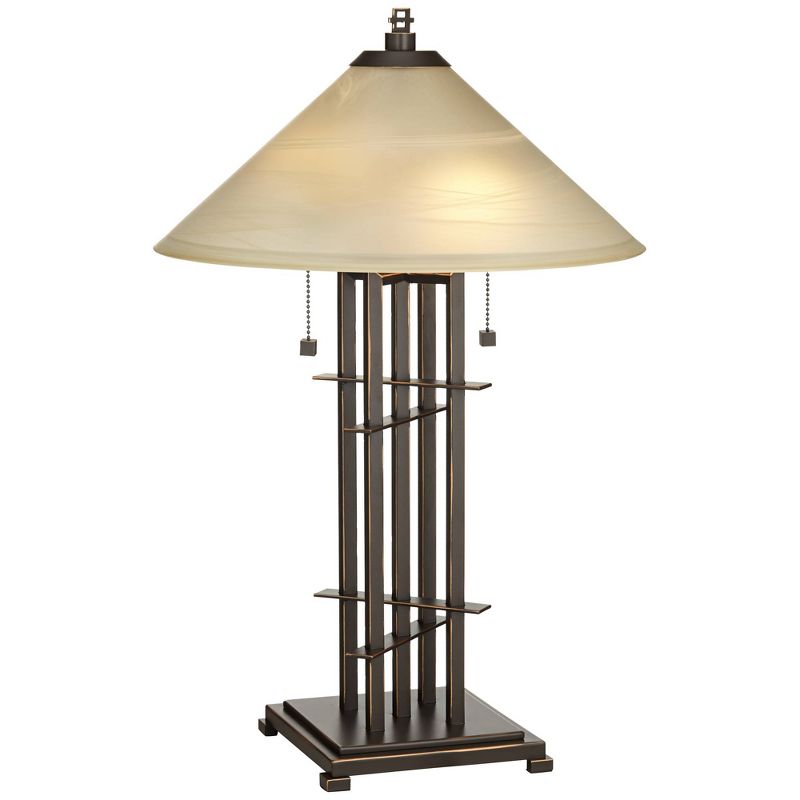 Franklin Iron Works Metro Rustic Farmhouse Accent Table Lamp 23 1/2" High Bronze Alabaster Art with Dimmer Glass Shade for Bedroom Living Room House, 1 of 10