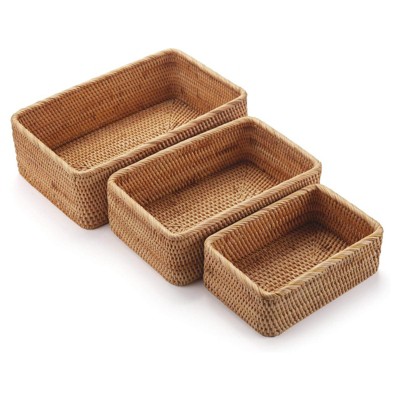 BRINJOY 3-Piece Stackable Rattan Basket Set - Natural Woven Storage Baskets for Fruits, Keys, Remotes (11.8", 9.8", 7.9")