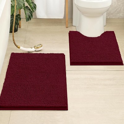 Home Mart Goods 2 Piece Set Burgundy Red Soft Cozy Plush Chenille Bath Mat Bathroom Rug