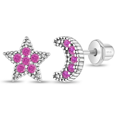 925 Sterling Silver Pink CZ Star Earrings Safety Screw Back Baby Girl Toddlers