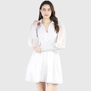 Artyska Women's Collared Puffed Long Sleeve Swiss Dot Chiffon Short Dress - 1 of 4