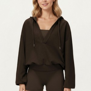 Anna-Kaci Active Women's Waffle Knit Long Sleeve Active Hoodie Top with Deep V-Neckline Fit and Stretch Texture - 1 of 4