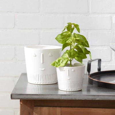 White Porcelain Smiley Face Planter Pots Set of 2