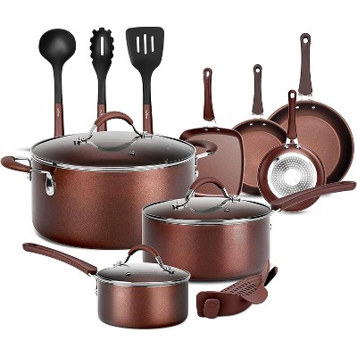 NutriChef Metallic Nonstick Ceramic Cooking Kitchen Cookware Pots and Pan Set with Lids, Utensils, and Cool Touch Handle Grips 14 Piece Set, Bronze