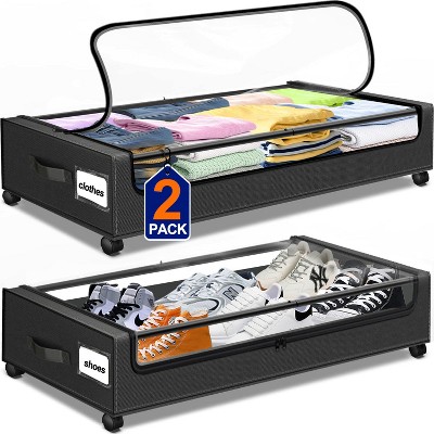Under Bed Storage with Wheels, 2 Pack Under Bed Storage Containers with Clear Lid and Handles, Under Bed Storage Organizer Binswith Wheels