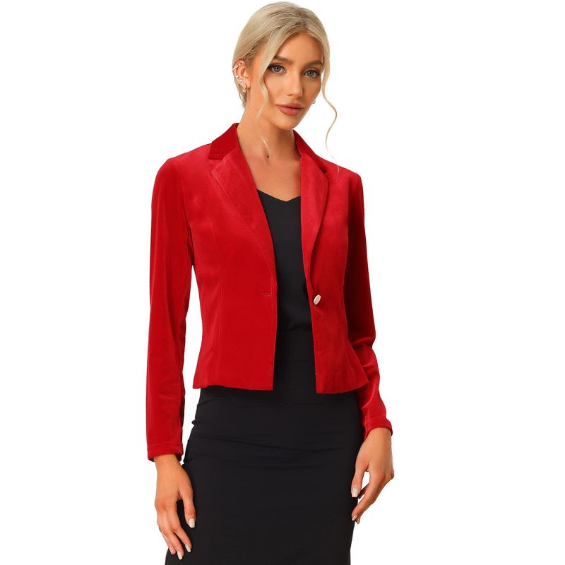 Allegra K Women's 1 Button Lapel Collar Business Office Crop Suit Velvet Blazer, 1 of 6