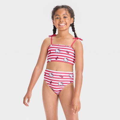 Girls' Hello Kitty Striped and Bow Printed Bikini Set - Red/White S