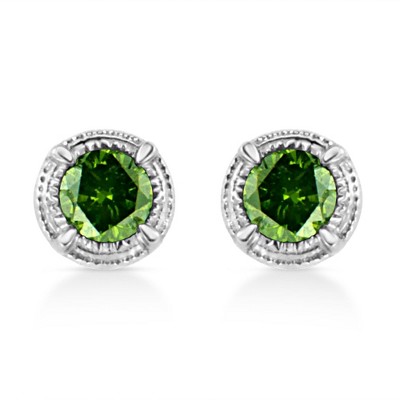 Silver Treated Colored Diamond Modern 4-Prong Solitaire Milgrain Stud Earrings