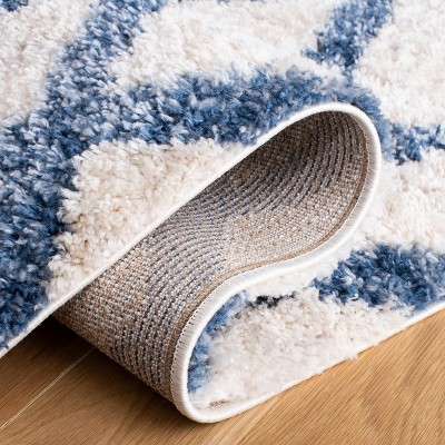 Ivory and Blue Geometric Shag Area Rug, 5'3" x 7'6"