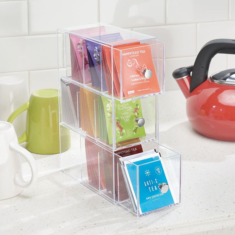 mDesign Plastic Kitchen Storage Tea Organizer, 3 Drawers, 2 of 8