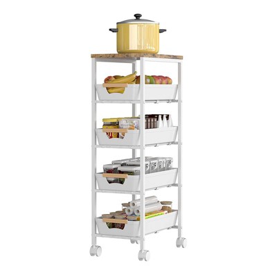 Kitchen Storage Cart with Wheels, 5-Tier Metal Utility Rolling Cart Fruit Vegetable Storage Basket Pantry Rack with Wood Top & Plastic Shelf
