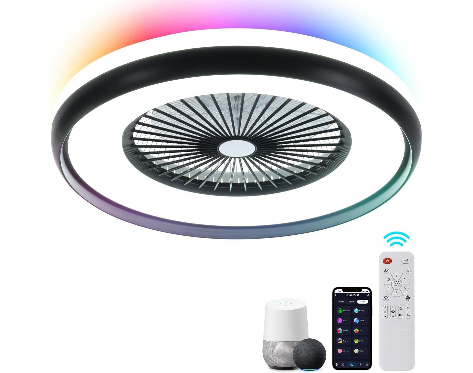 HUMHOLD 24" Bladeless Ceiling Fan with RGB Light Remote, Smart LED Ceiling Fans with Voice/App Control, Modern Low Profile Dimmable Light Ceiling Fan