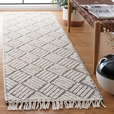Handmade Black and Ivory Geometric Wool Rug, 2' 3" x 8'