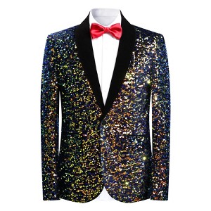 Cloudstyle Men's One Button Slim Fit Velvet Sequin Blazer Party Prom Dinner Jacket - 1 of 4