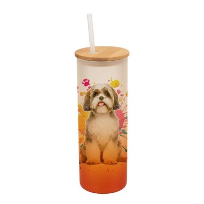 100 North 25 Ounce Frosted Glass Gradient Travel Tumbler With Straw & Wooden Lid, Shih Tzu Dog Paint Splatter Orange
