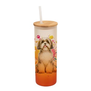 100 North 25 Ounce Frosted Glass Gradient Travel Tumbler With Straw & Wooden Lid, Shih Tzu Dog Paint Splatter Orange - 1 of 4