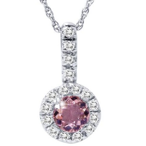 Pink Tourmaline & Diamond Halo Pendant Necklace 14K Yellow Gold