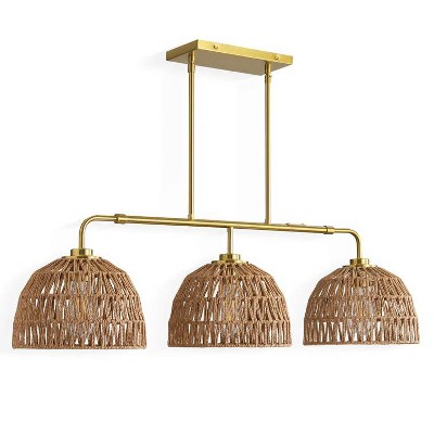 KAISITE 3 - Light Black Kitchen Island Pendant Light with Rattan Dome Lampshade