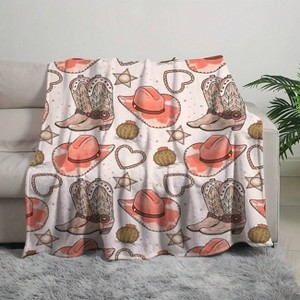 Lomsoe Flannel Blanket Western Cowboy Hat & Boots Design, Soft Pink/Beige with Hearts Stars, Christmas Gifts. - 1 of 4