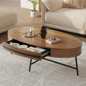 Oval Coffee Table with Drawer, 47.2“ Wooden Coffee Table with Storage and Cross Metal Legs, Mid-Century Modern Center Table Unique Curved Design - 1 of 4