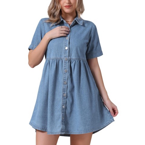 Женские платья INSPIRE CHIC Women's Denim Babydoll Tiered Short Sleeve Button Down Jean Shirt Dresses Light Blue Large