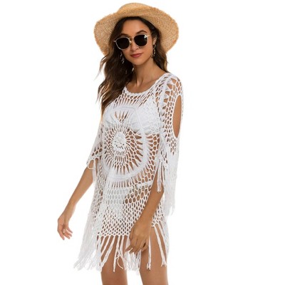 Anna-Kaci Swim Women's White Crochet Cover Up Bathing Suit 3/4 Sleeve Tassel Dress Beach Wear