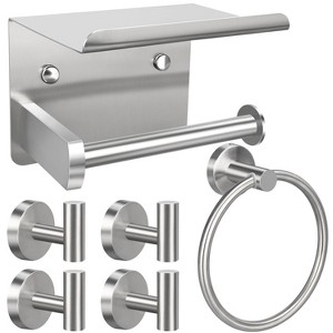 Itopfox 1 Set Bathroom Hardware Brushed Nickel Stainless Steel Toilet Paper Holder with Shelf 1 Towel Ring 4 Towel Hooks - 1 of 4