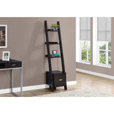 Transitional Cappuccino Wood Corner Ladder Bookcase with Storage Drawer
