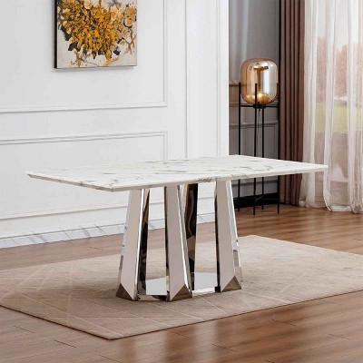 70 Inch Modern Design Dining Table, Rectangular Dining Table for 6 People, Faux Marble Table Top with Stainless Steel Base-Cuddlewood