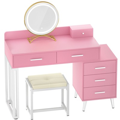 Aheaplus Makeup Vanity Set with Stool and LED Mirror, Modern Makeup Table Vanity Desk with 6 Storage Drawers