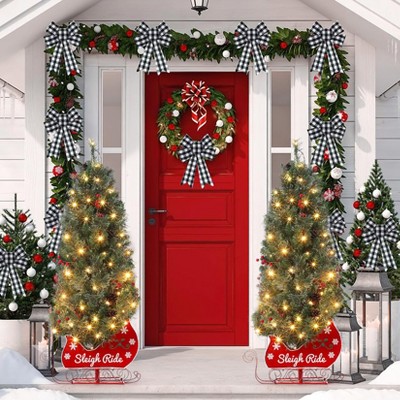 2Pcs 4.5 Ft Pre-Lit Artificial Christmas Tree with 85 Clear Lights,Timer,Pine Cones and Sleigh Base