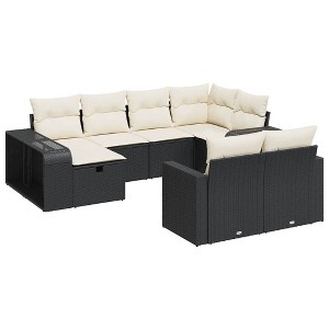 vidaXL Patio Sofa Set with Cushions Footstool and Sofa Modules Poly Rattan - Black and Cream with Storage & Bag 10 Piece - 1 of 4