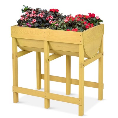 Costway Raised Wooden V Planter Elevated Vegetable Flower Bed Free Standing Planting with liner