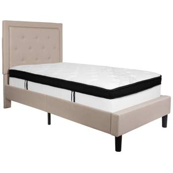 Flash Furniture Roxbury Twin Size Tufted Upholstered Platform Bed in Beige Fabric with Memory Foam Mattress