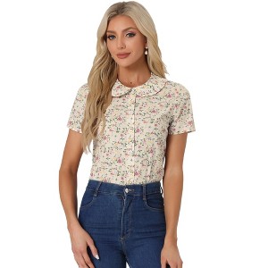 Allegra K Women's Summer Peter Pan Collar Button Front Vintage Floral Print Blouse - 1 of 4