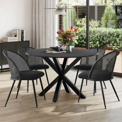 5pcs Black Dining Set for 4, Round Black Grain Dining Table Set with 4 Upholstered Rattan Dining Chair, Dining Room Furniture - The Pop Home