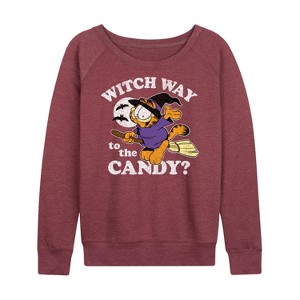 Women's - Garfield - Witch Way To The Candy Lightweight French Terry Wide Neck Long Sleeve Shirt - 1 of 4