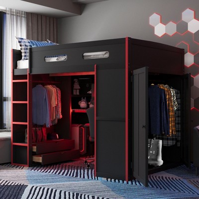 NicBex Full Size Metal Gaming Loft Bed with RGB Lights,Desk,2 Built-In Wardrobe&Drawers,Versatile Loft Bed Platform for Gamers&Teens,551lbs Max