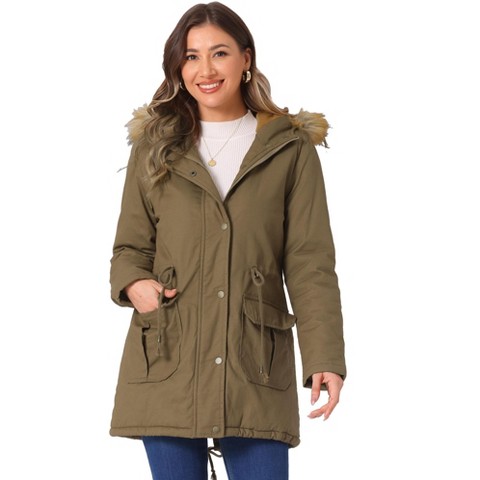 INSPIRE CHIC Women's Winter Windproof Long Puffer Parka Coats with Faux Fur Hood Small Khaki