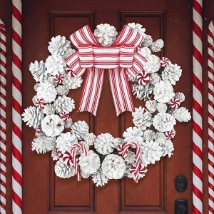 Red and White Candy Cane Wreath with Pine Cones for Front Door Christmas Decor Indoor Outdoor Wall Window Fireplace Porch - 1 of 4