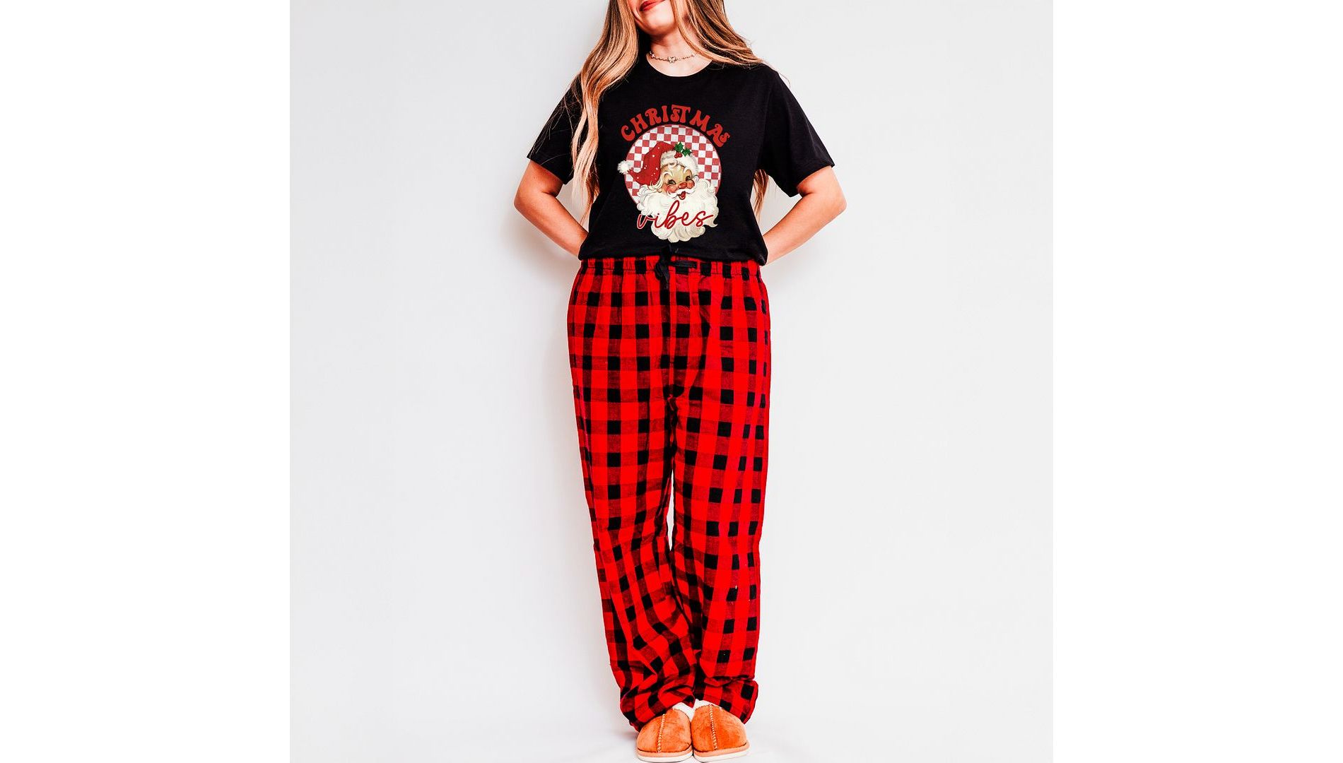 Simply Sage Market Women's Christmas Vibes Santa Checkered Graphic Pajama Set  - S - Black