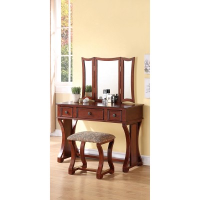 Vynxaria Unique Modern Bedroom Vanity Set with Stool - Cherry Finish, Foldable Mirror