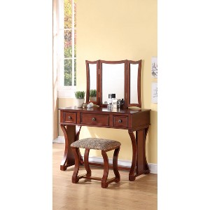 Vynxaria Unique Modern Bedroom Vanity Set with Stool - Cherry Finish, Foldable Mirror - 1 of 4