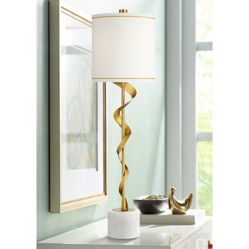 Possini Euro Design Ribbon 34 1/2" Tall Large Modern Luxe End Table Lamp Gold Finish Metal Marble Single White Shade Living Room Bedroom Bedside, 2 of 10