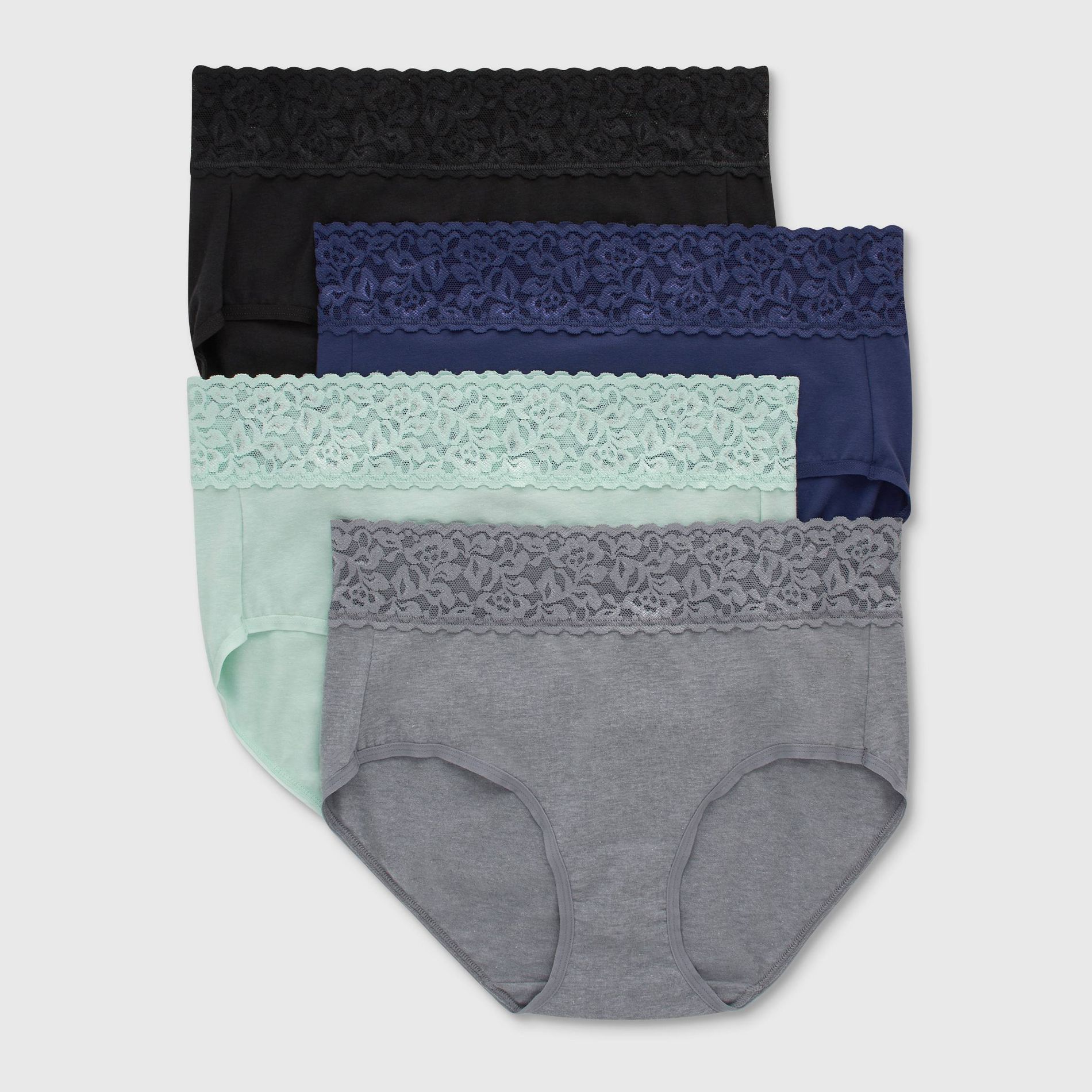 Hanes Women's 4pk Lace Briefs - Black/Blue/Gray L: High Rise, Tagless, Lightweight Knit