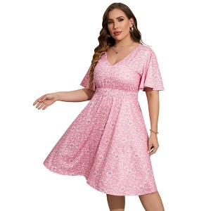WhizMax Women's 2024 Plus Size Dress Summer Boho Floral V Neck Ruffle Short Sleeve Dress Elastic High Waist A Line Summer Dress - 1 of 4