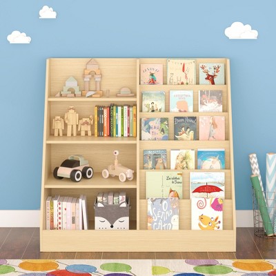SKRAN 4 Tier Kids Bookshelf and Toy Storage Organizer, Multifunctional Wooden Bookcase with Display Stand for Kids Room, Playroom, Nursery