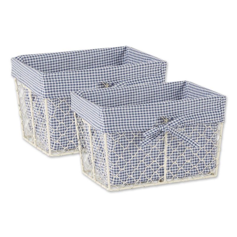 Design Imports Set of 2 M Antique White Chicken Wire French Gingham Check Liner Baskets Blue/White, 1 of 8