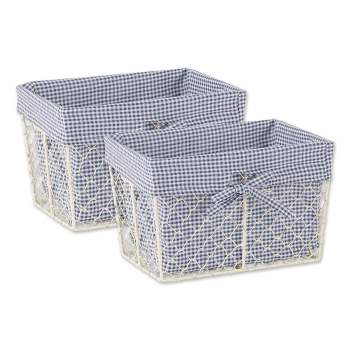 Design Imports Set of 2 M Antique White Chicken Wire French Gingham Check Liner Baskets Blue/White