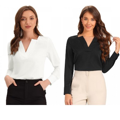 INSPIRE CHIC Women's Elegant Long Sleeve V Neck Work Office Blouse 2 Packs